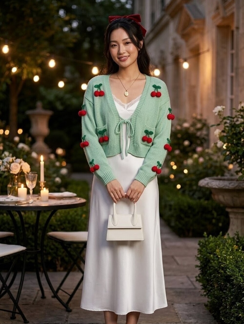 Coquette Cherry Knit Cardigan Mint Green Tie Front Cropped Pointelle Sweater - Picture 4 of 11